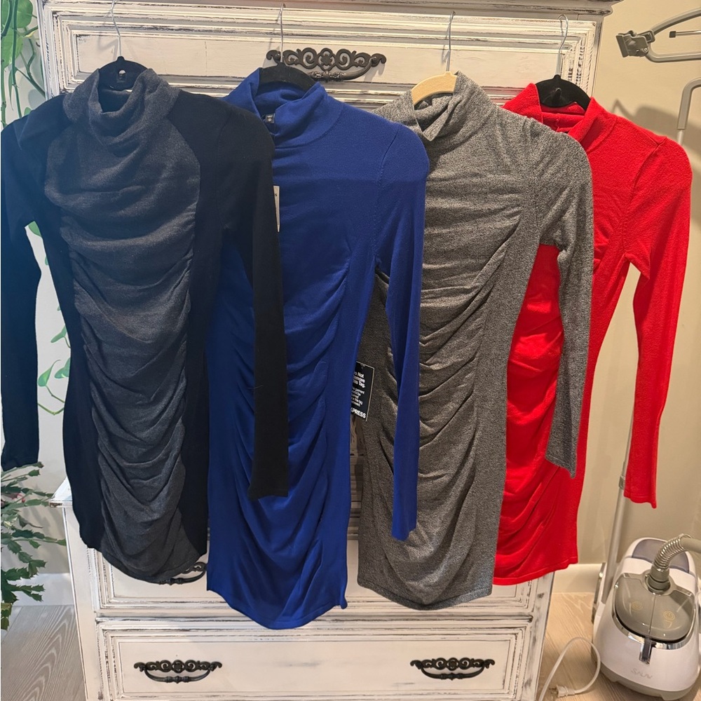 Express Long Sleeve Ruched Turtleneck Dresses in Black, Blue, Gray, and Red
